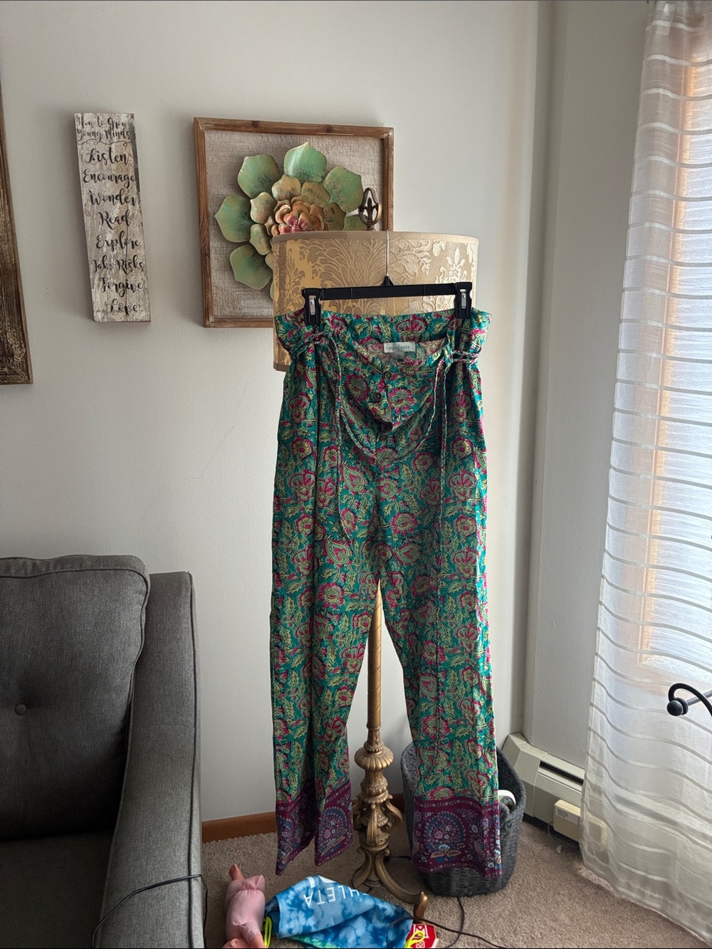 Sundance Green & Purple Paisley Wide-Leg Pants with Self-Tie Waist